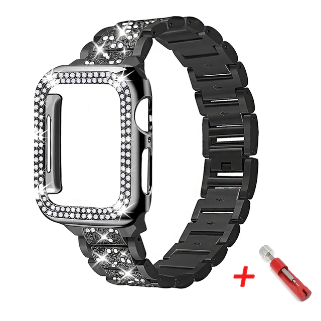 Glam Stainless Steel Band & Rhinestone Case for Apple Watch
